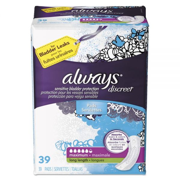 PGC92729PK Always Discreet Sensitive Bladder Protection Pads, Maximum, Long, 39/Pk
