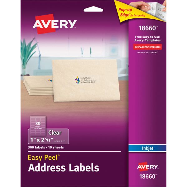 AVE18660 Avery Matte Clear Easy Peel Address Labels, Inkjet, 1 x 2 5/8, 300/Pack
