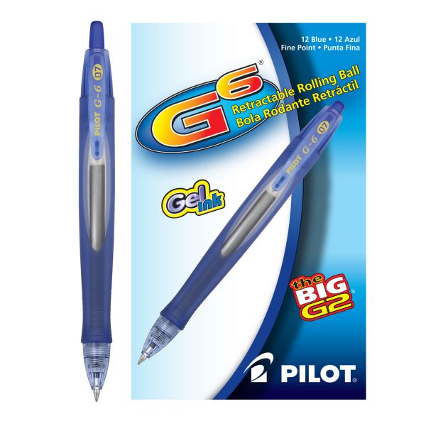 PIL31402 Pilot G6 Retractable Gel Ink Pen, Refillable, Blue Ink, .7mm