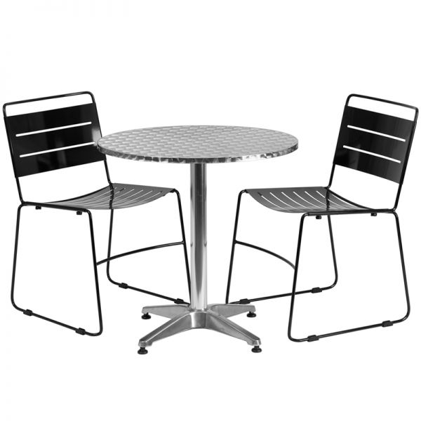 FHFTLHALUM28RDHA1BK2GG Flash Furniture 27.5'' Round Aluminum Indoor-Outdoor Table with 2 Black Metal Stack Chairs