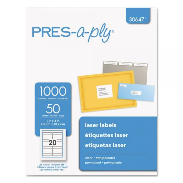 AVE30647 PRES-a-ply Laser Address Labels, 1 x 4, Clear, 1000/Pack