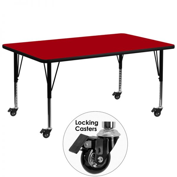 FHFXUA3072RECREDTPCASGG Flash Furniture Mobile 30''W x 72''L Rectangular Activity Table with Red Thermal Fused Laminate Top and Height Adjustable Preschool Legs