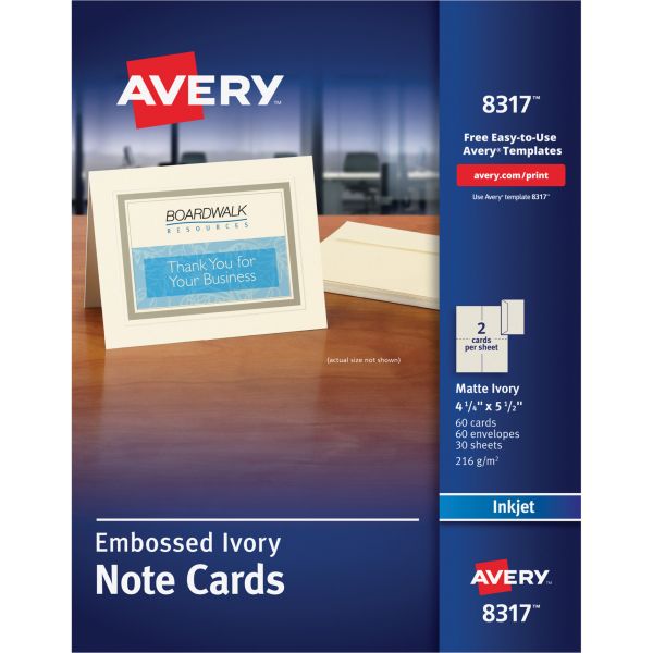 AVE8317 Avery Embossed Note Cards, Inkjet, 4 1/4 x 5 1/2, Matte Ivory, 60/Pk w/Envelopes