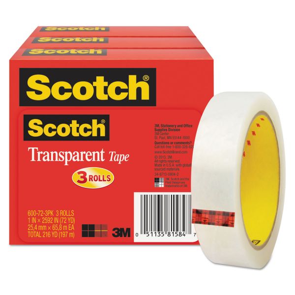 MMM600723PK Scotch Transparent Tape 600 72 3PK, 1" x 2592", 3" Core, Transparent, 3/Pack