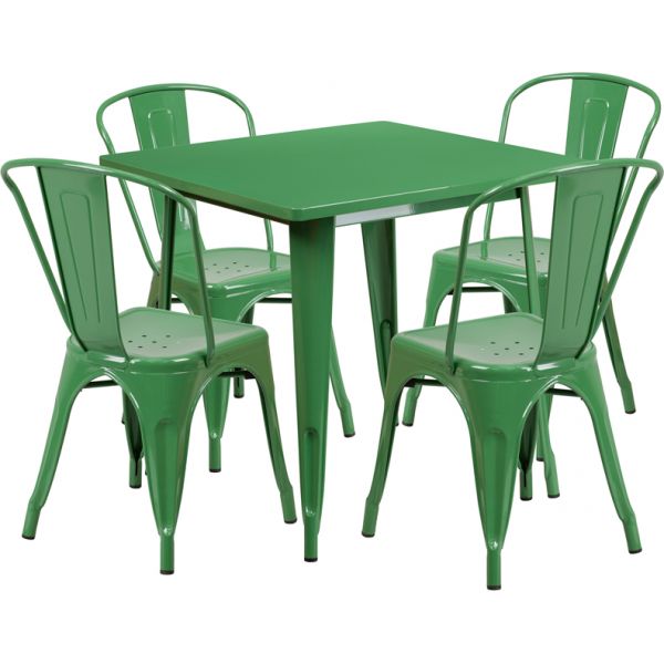 FHFETCT002430GNGG Flash Furniture 31.5'' Square Green Metal Indoor-Outdoor Table Set with 4 Stack Chairs