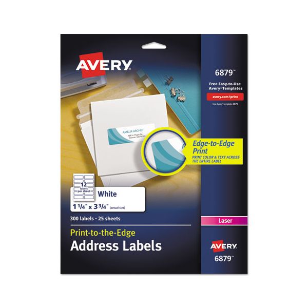 AVE6879 Avery Vibrant Color-Printing Address Labels, 1 1/4 x 3 3/4, White, 300/Pack