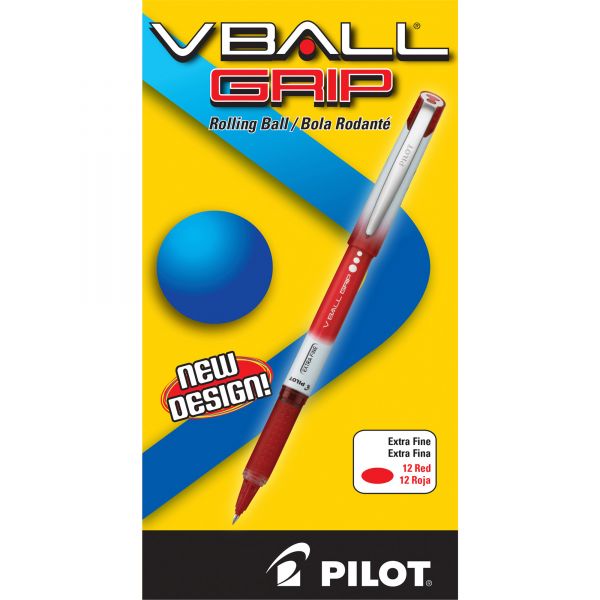 PIL35472 Pilot VBall Grip Liquid Ink Roller Ball Stick Pen, Red Ink, .5mm, Dozen