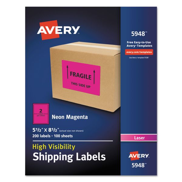 AVE5948 Avery Neon Shipping Label, Laser, 5 1/2 x 8 1/2, Neon Magenta, 200/Box