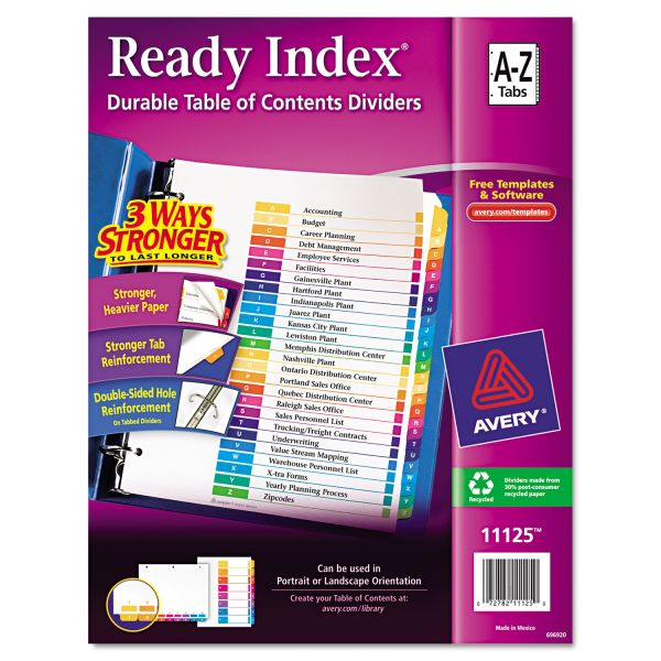 AVE11125 Avery Ready Index Customizable Table of Contents Multicolor Dividers, 26-Tab, Letter