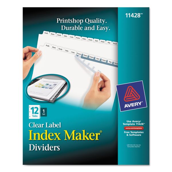 AVE11428 Avery Index Maker Print & Apply Clear Label Dividers, 12-Tab, White Tab, Letter, 1 Set