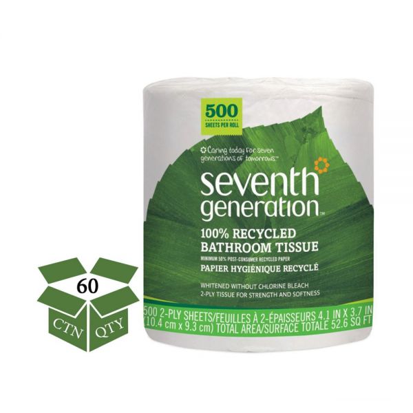 SEV137038 Seventh Generation 100% Recycled Bathroom Tissue, 2-Ply, White, 500 Sheets/Jumbo Roll, 60/Carton