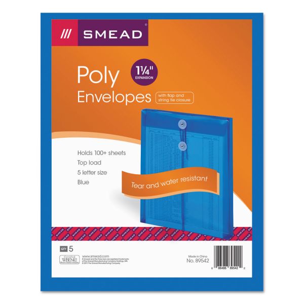 SMD89542 Smead Poly String & Button Envelope, 9 3/4 x 11 5/8 x 1 1/4, Blue, 5/Pack