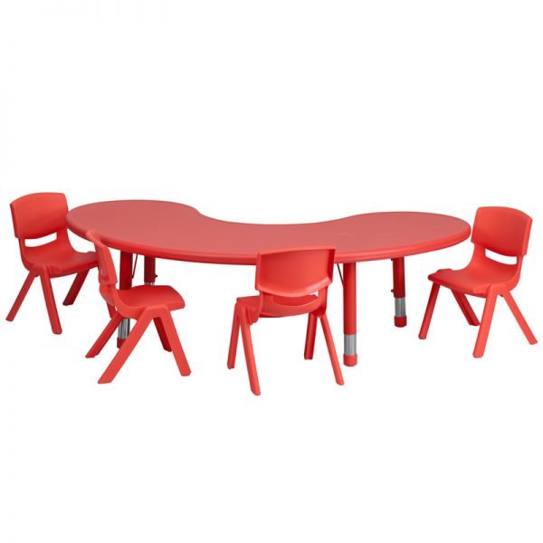 FHFYUYCX00432MOONTBLREDEGG Flash Furniture 35''W x 65''L Adjustable Half-Moon Red Plastic Activity Table Set with 4 School Stack Chairs