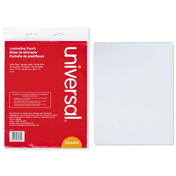 UNV84620 Universal Clear Laminating Pouches, 3 mil, 9 x 11 1/2, 25/Pack