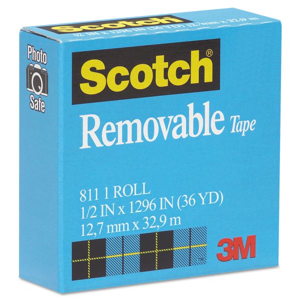 MMM811121296 Scotch Removable Tape, 1/2" x 1296", 1" Core, Transparent