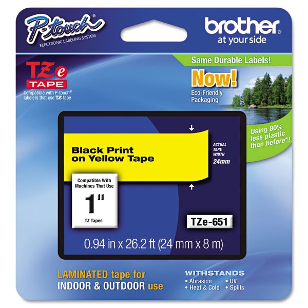 BRTTZE651 Brother P-Touch TZe Standard Adhesive Laminated Labeling Tape, 1"w, Black on Yellow