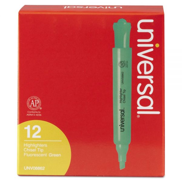 UNV08862 Desk Highlighter, Chisel Tip, Fluorescent Green, Dozen