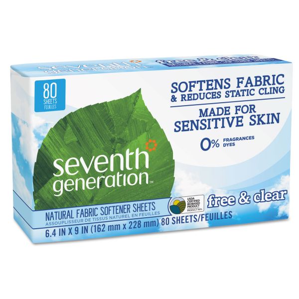 SEV22787 Seventh Generation Natural Fabric Softener Sheets, Free & Clear, 80/Box, 12 Box/Carton