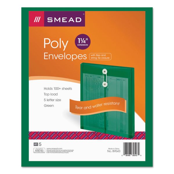 SMD89543 Smead Poly String & Button Envelope, 9 3/4 x 11 5/8 x 1 1/4, Green, 5/Pack
