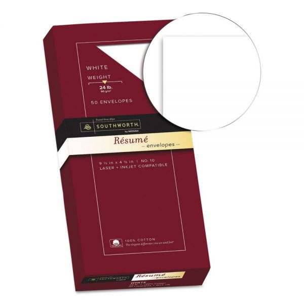 SOUR1410L Southworth 100% Cotton #10 Resume Envelope, 4 1/8 x 9 1/2, White, 24lb, Wove, 50/Box