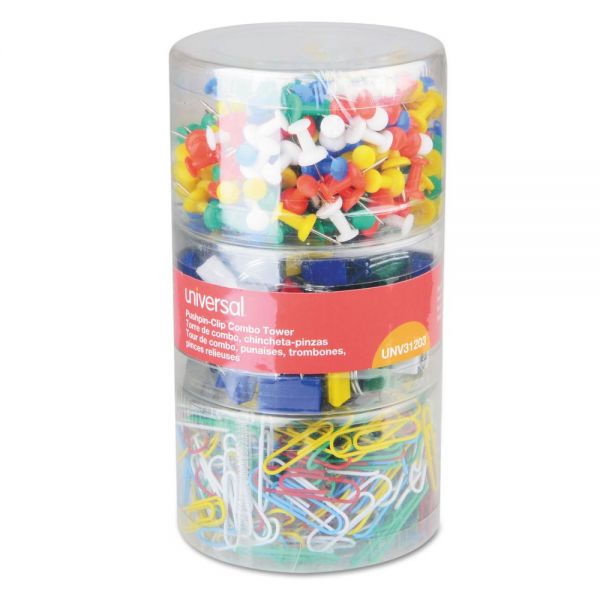 UNV31203 Universal Combo Clip Pack, Assorted Binder Clips/Paper Clips/Push Pins