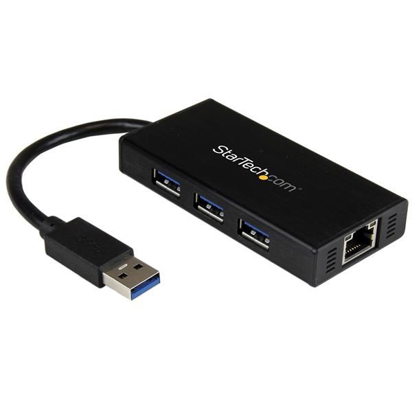 SYNX3944029 StarTech.com 3 Port Portable USB 3.0 Hub with Gigabit Ethernet Adapter NIC - Aluminum w/ Cable