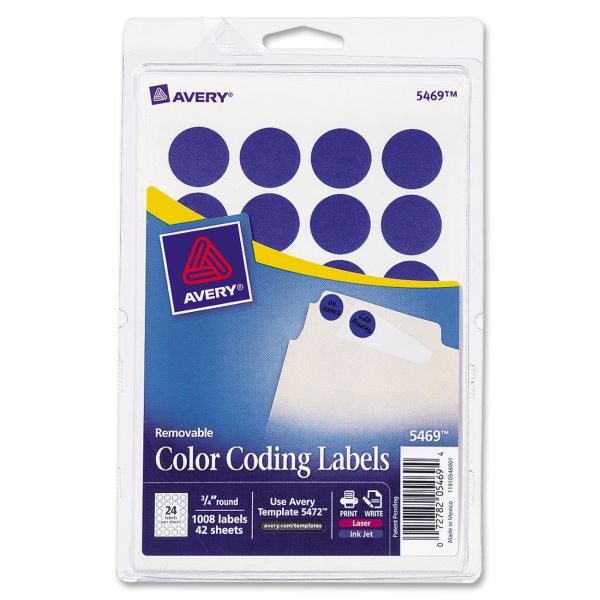AVE05469 Avery Printable Removable Color-Coding Labels, 3/4" dia, Dark Blue, 1008/Pack
