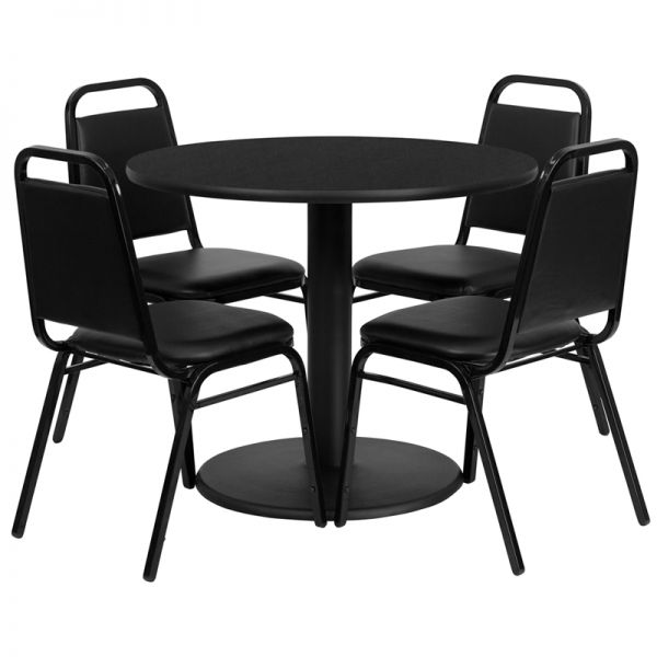FHFRSRB1001GG Flash Furniture 36'' Round Black Laminate Table Set with 4 Black Trapezoidal Back Banquet Chairs