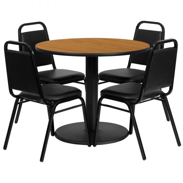 FHFRSRB1003GG Flash Furniture 36'' Round Natural Laminate Table Set with 4 Black Trapezoidal Back Banquet Chairs
