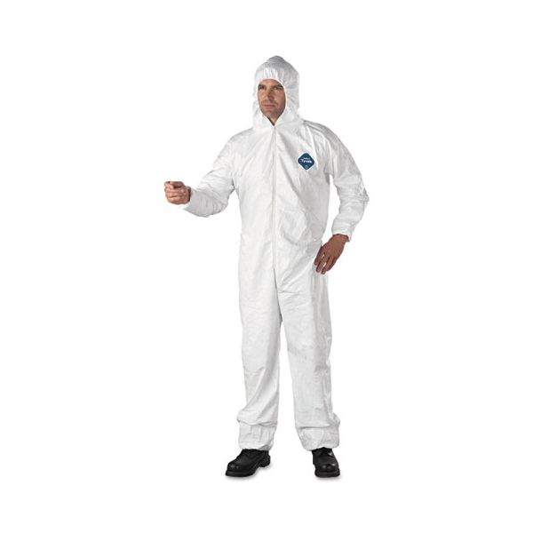 DUPTY127SXL DuPont Tyvek Elastic-Cuff Hooded Coveralls, HD Polyethylene, White, X-Large, 25/Carton