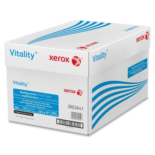 XER3R02641 Xerox Vitality Multipurpose 3-Hole Punched Paper, 92 Brightness, 20 lb, 8 1/2 x 11, White, 5000 Sheets/Carton