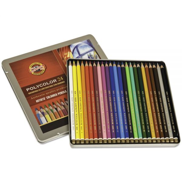 KOHFA381824OT Koh-I-Noor Polycolor Drawing Pencils, 3.8 mm, Open Tin, 24 Assorted Colors/Set