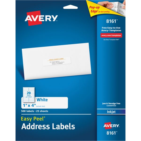 AVE8161 Avery Easy Peel Mailing Address Labels, Inkjet, 1 x 4, White, 500/Pack