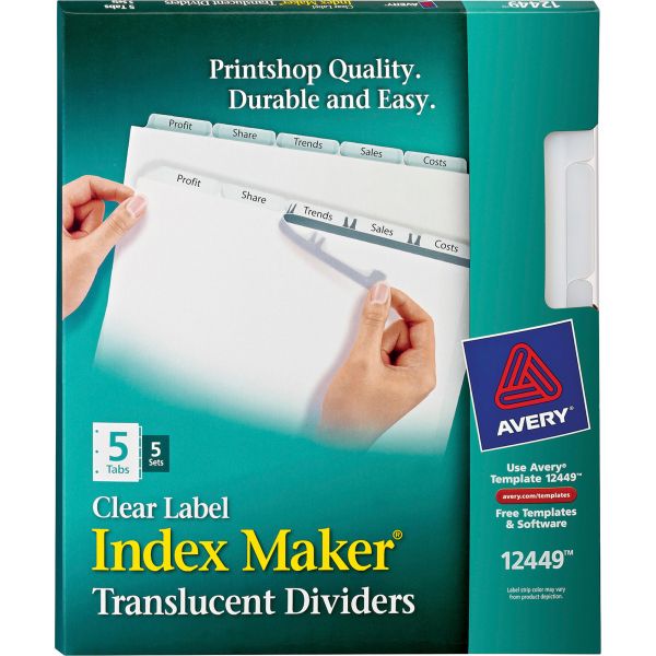 AVE12449 Avery Index Maker Print & Apply Clear Label Plastic Dividers, 5-Tab, White Tab, Letter, 5 Sets