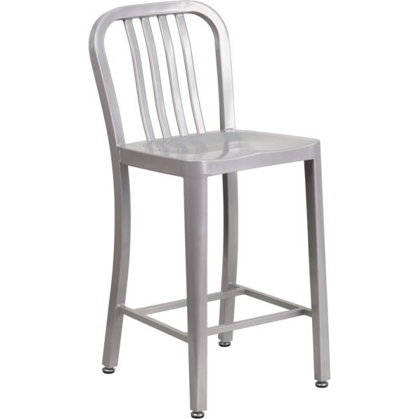 FHFCH6120024SILGG Flash Furniture 24'' High Metal Indoor-Outdoor Counter Height Stool with Vertical Slat Back