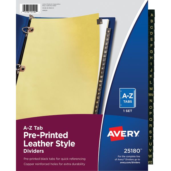 AVE25180 Avery Preprinted Black Leather Tab Dividers w/Copper Reinforced Holes, 25-Tab, Letter