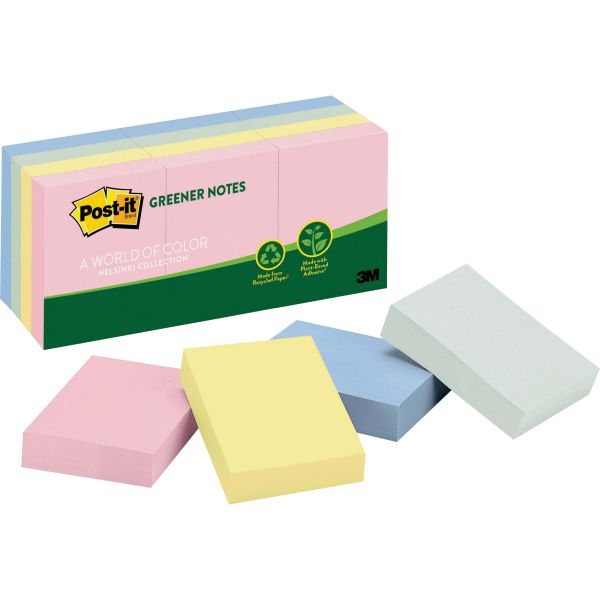 MMM653RPA Post-it Greener Notes Recycled Note Pads, 1 1/2 x 2, Assorted Helsinki Colors, 100-Sheet, 12/Pack