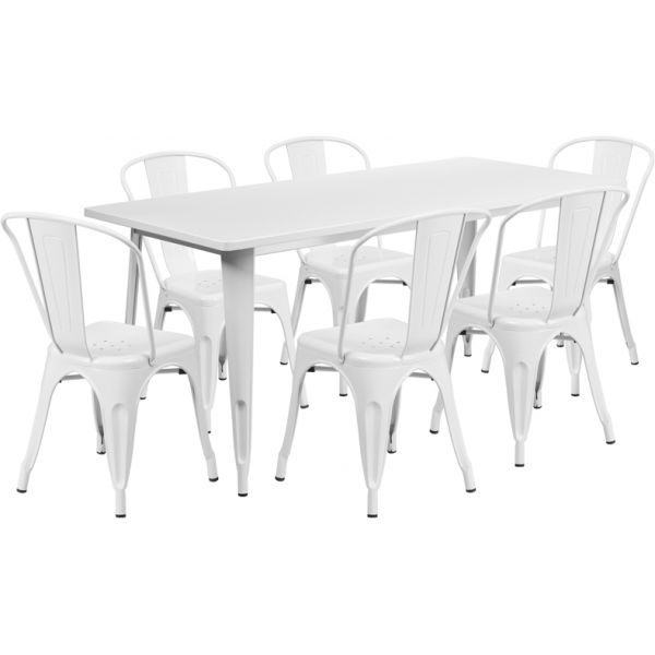 FHFETCT005630WHGG Flash Furniture 31.5'' x 63'' Rectangular White Metal Indoor-Outdoor Table Set with 6 Stack Chairs