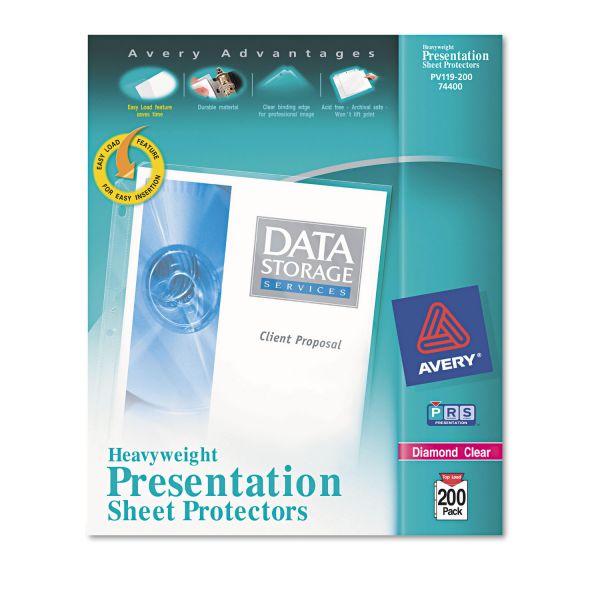 AVE74400 Avery Top-Load Poly Sheet Protectors, Letter, Heavy Gauge, Diamond Clear, 200/Box
