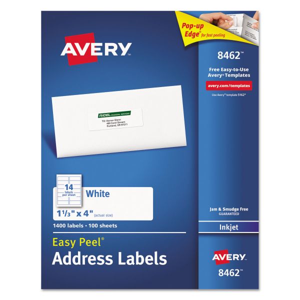 AVE8462 Avery Easy Peel Mailing Address Labels, Inkjet, 1 1/3 x 4, White, 1400/Box