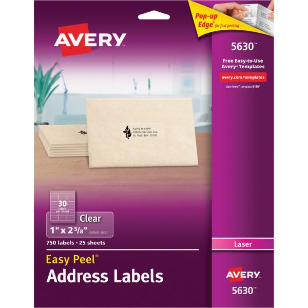 AVE5630 Avery Matte Clear Easy Peel Address Labels, Laser, 1 x 2 5/8, 750/Box