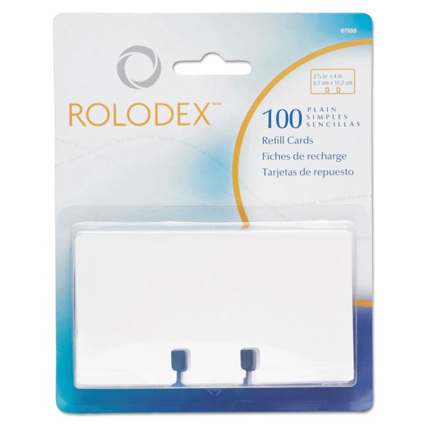 ROL67558 Rolodex Plain Unruled Refill Card, 2 1/4 x 4, White, 100 Cards/Pack