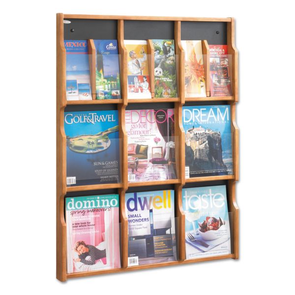 SAF5702MO Safco Expose Adj Magazine/Pamphlet Nine Pocket Display, 29-3/4w x 38-1/4h, Medium Oak