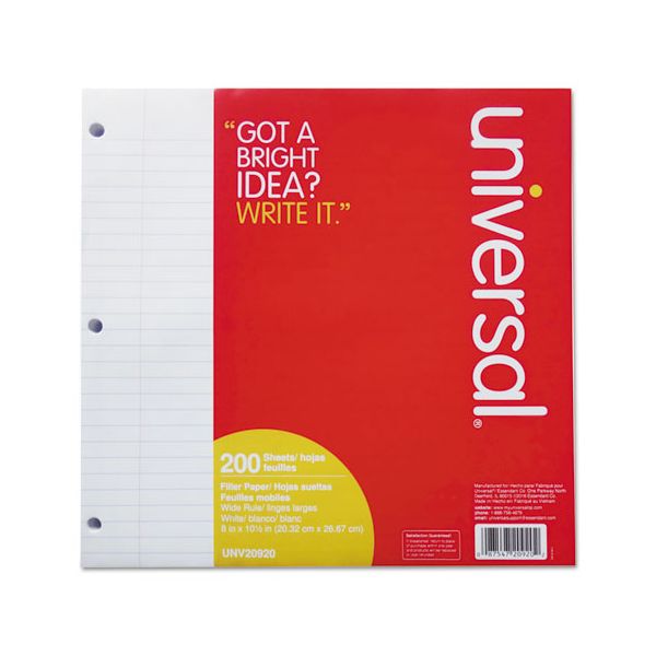 UNV20920 Universal Filler Paper, 8 x 10 1/2, Wide Rule, White, 200 Sheets/Pack