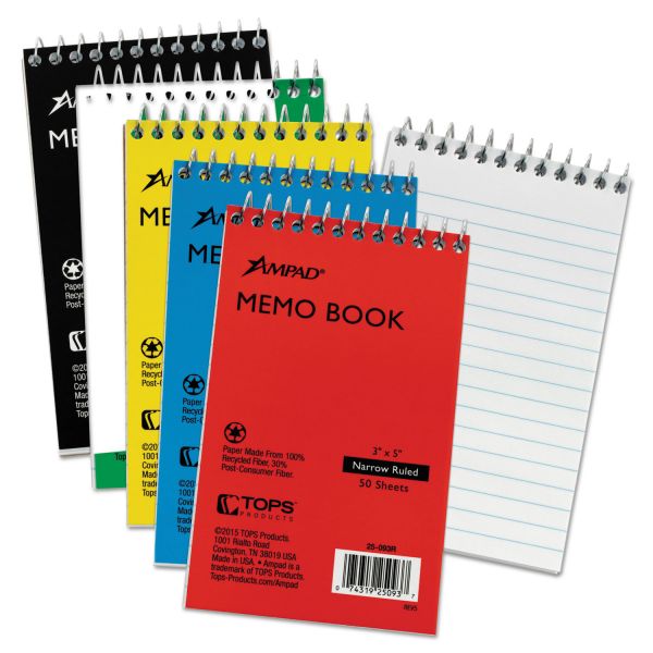 TOP25093 Ampad Wirebound Pocket Memo Book, Narrow, 5 x 3, White, 50 Sheets