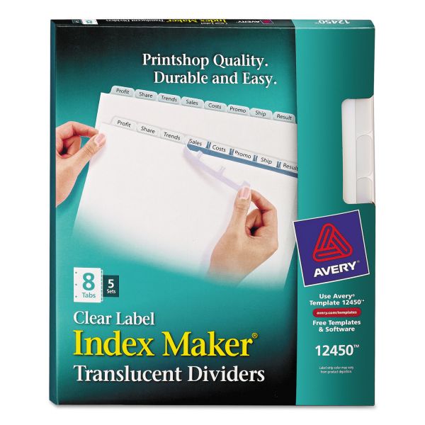 AVE12450 Avery Index Maker Print & Apply Clear Label Plastic Dividers, 8-Tab, White Tab, Letter, 5 Sets