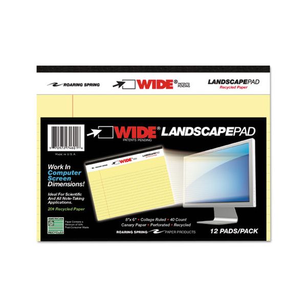 ROA74601 Roaring Spring WIDE Landscape Format Writing Pad, College Ruled, 8 x 6, Canary, 40 Sheets
