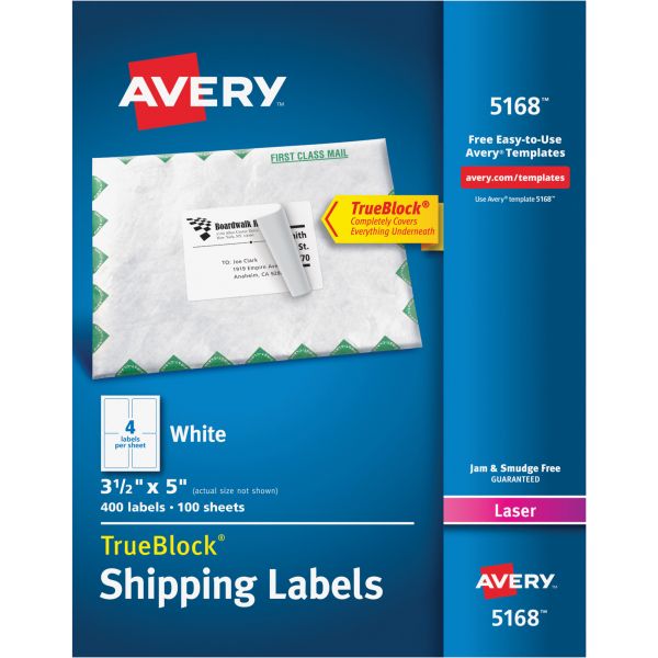 AVE5168 Avery Shipping Labels with TrueBlock Technology, Laser, 3 1/2 x 5, White, 400/Box