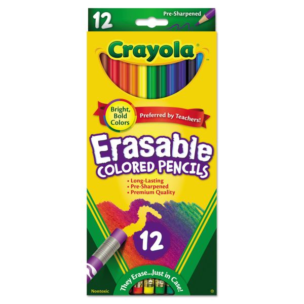 CYO684412 Crayola Erasable Colored Woodcase Pencils, 3.3 mm, 12 Assorted Colors/Box