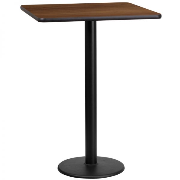 FHFXUWALTB2424TR18BGG Flash Furniture 24'' Square Walnut Laminate Table Top with 18'' Round Bar Height Table Base
